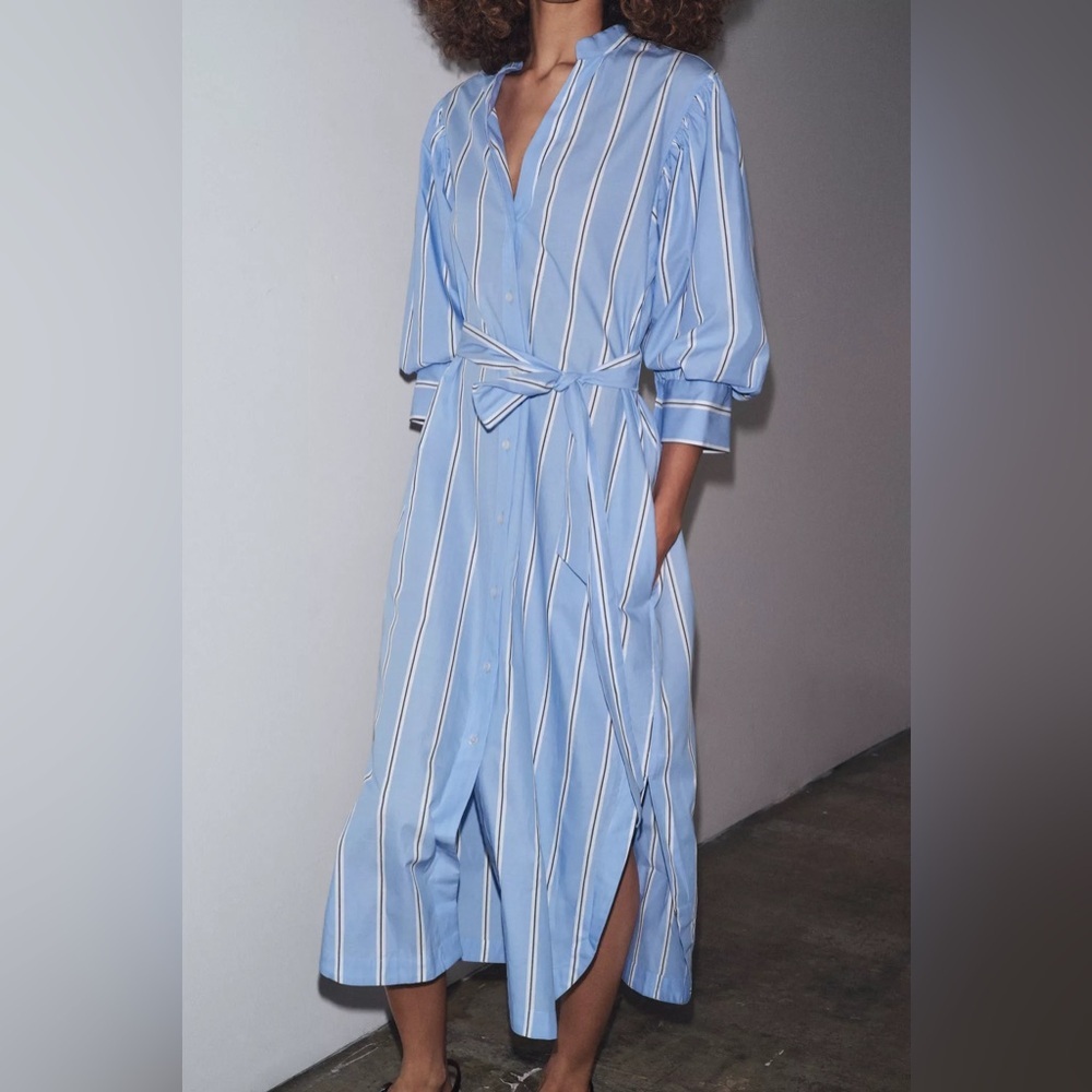 Zara ZW Blue Striped Belted Shirt Dress Puff Sleeves 100% Cotton Buttons NWT XS
